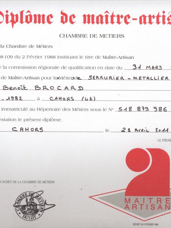 Diplome de maitre artisan