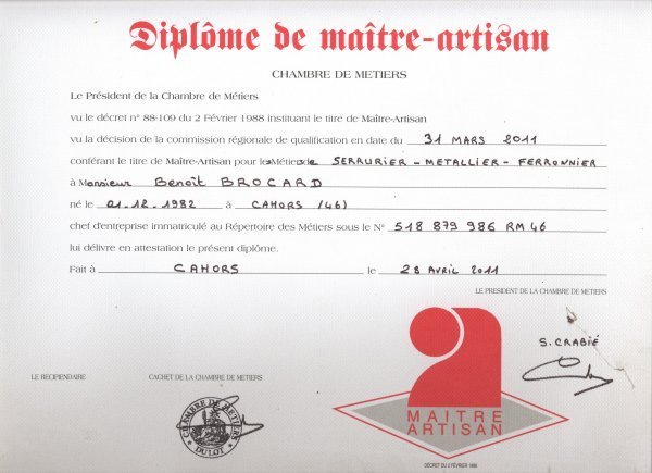 Diplome de maitre artisan